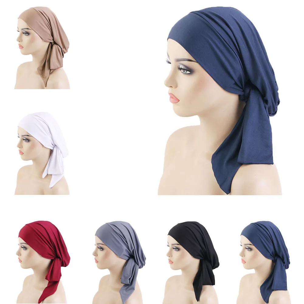 Donne Pre-Tie foulard elastico musulmano femminile turbante cancro chemio cappello perdita di capelli copertura copricapo copricapo Stretch Bandana Durag