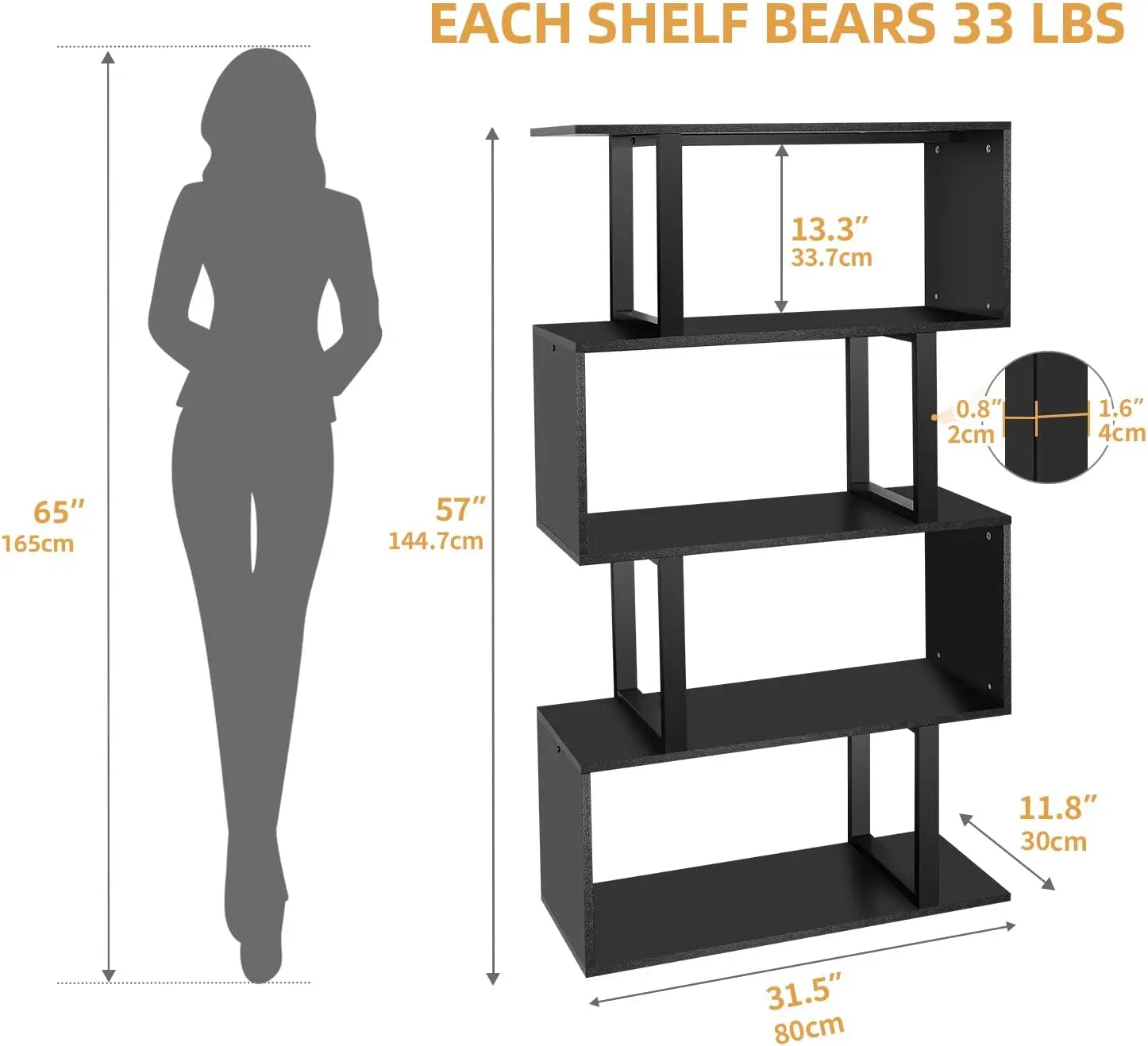 5-Tier Bookshelf, S-Shaped Z-Shelf Bookshelves and Bookcase, Modern Freestanding Multifunctional Decorative Storage Shelving for