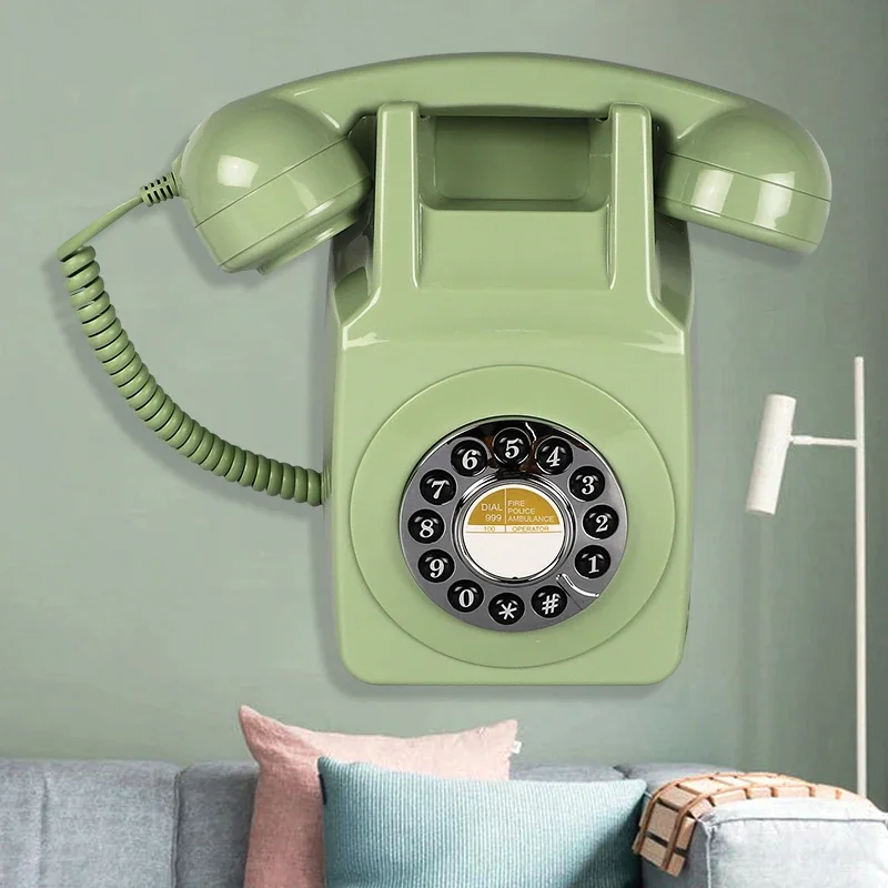 Retro Wall Mount Phone Plastic Telephone with Button Dial and Mechanical Bell Wall Landline Telephone for Kitchen Bathroom