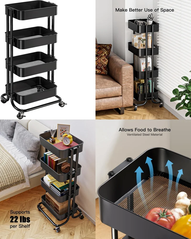 

4 Tier Metal Rolling Utility Cart Heavy Duty Storage Cart with 2 Locking Casters for Home Kitchen Office Industrial Use Multi