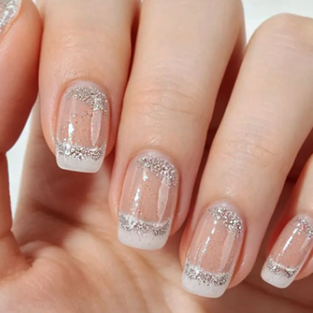 24pcs/set Short Middle Fake Nails Super Sparkling Glitter Flowers Starry Sky Ballet Square Almond Tips Press On False Nails Art
