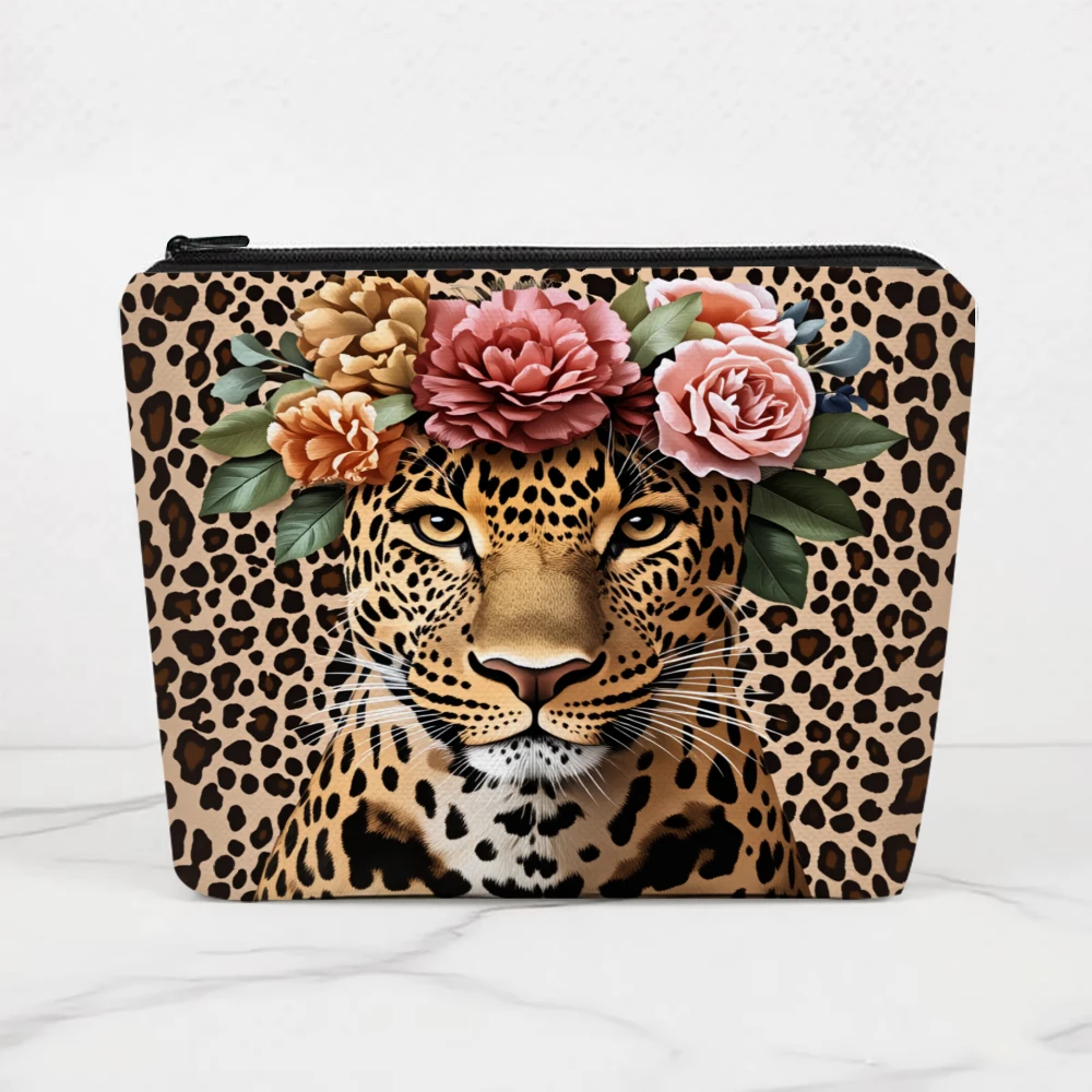 Leopard Face With Floral Crown Makeup Bags for Girls Cosmetic Pouch Toiletry Bag Pencil Case Travel Storage