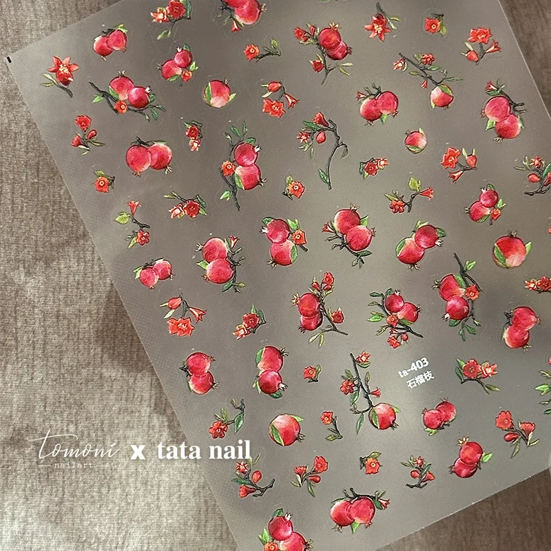 Branches de fleurs de grenade rouge, pomme verte, fraise, pastèque, cerise, fruits, autocollant de manucure auto-adhésif pour Nail Art, DIY bricolage