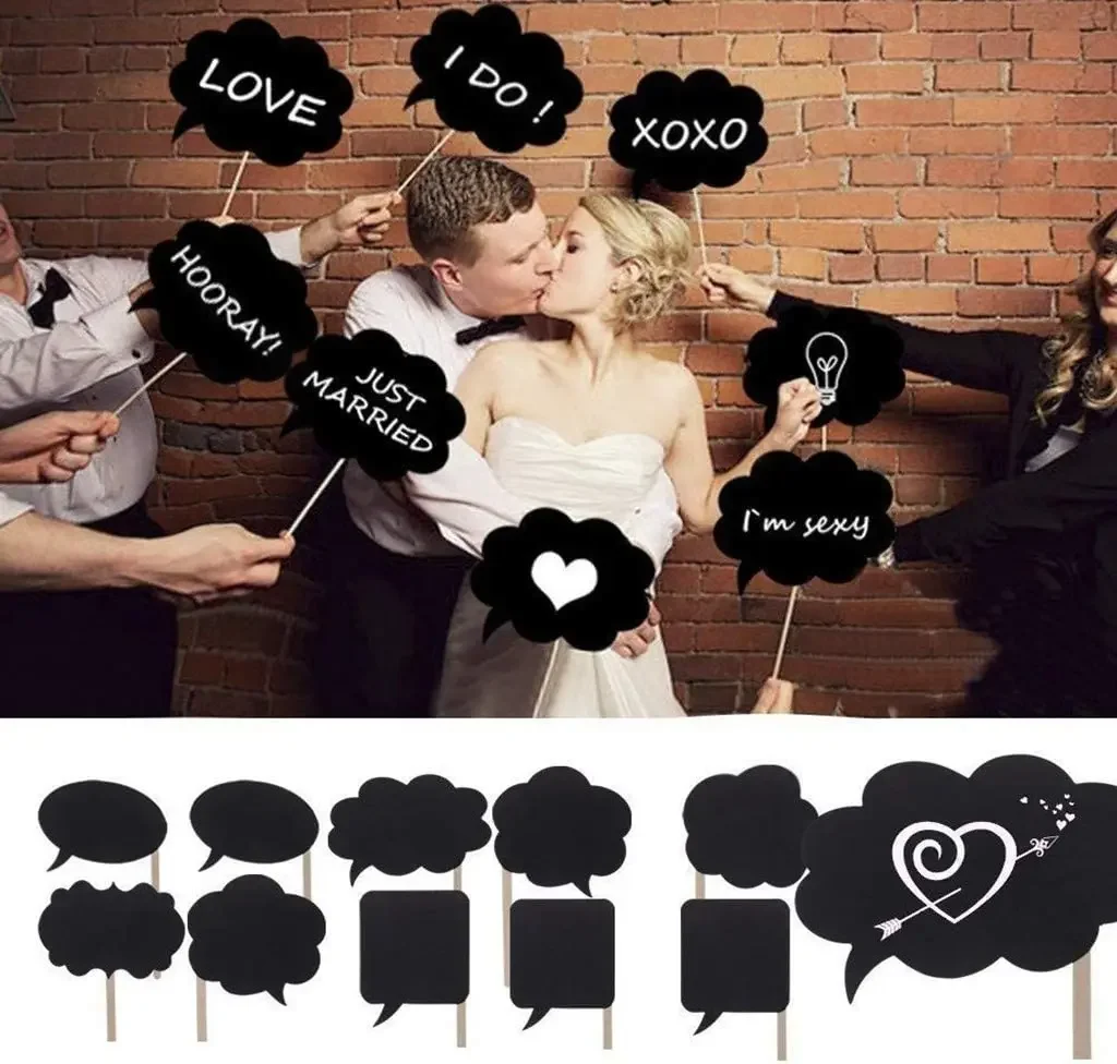 10Pcs DIY Black Cards Sticks Funny Photography Props Black Chalkboard Selfie Photobooth for Wedding Birthday Party Decoration