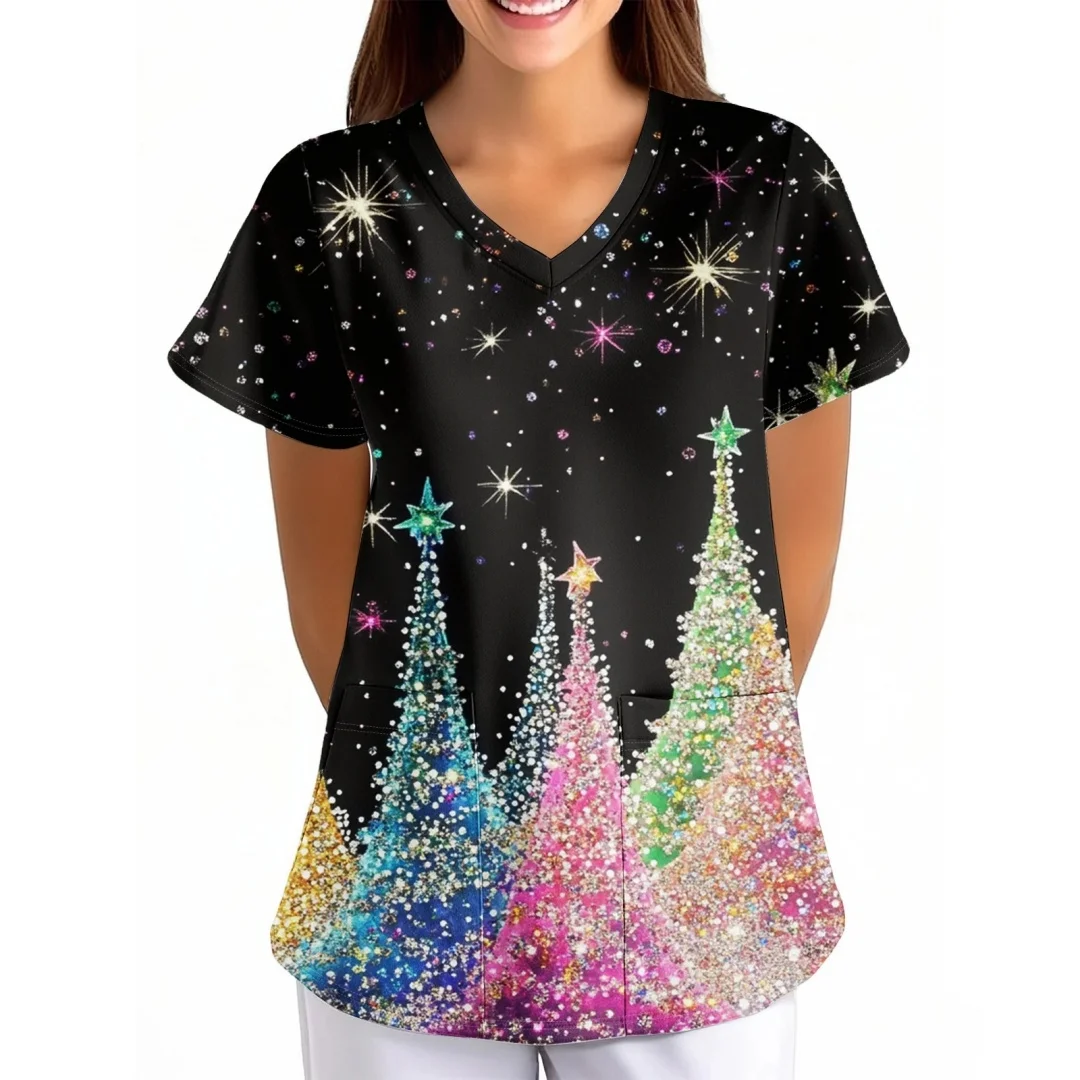 Christmas Women Medical Uniforms Snowman Cartoon 3D Print Dentist Scrub Casual Short Sleeve Nurse Uniform Pockets Surgical Tops