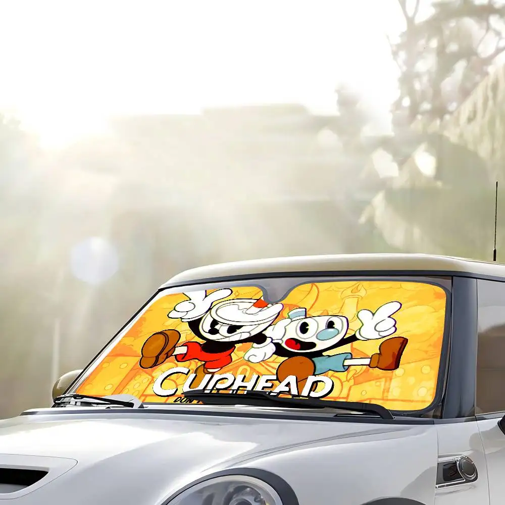 Funny C-Cuphead Cartoon Novelty Car Front Windshield Sunshade 70x130cm Cartoon Foils Car Window Windscreen Cover view 6
