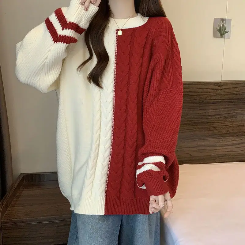 

Новогодний красный свитер для студенток, жареное тесто, завитки, свободный стиль, тонкий, утолщенный, с круглым вырезом, вязаная рубашка, модная