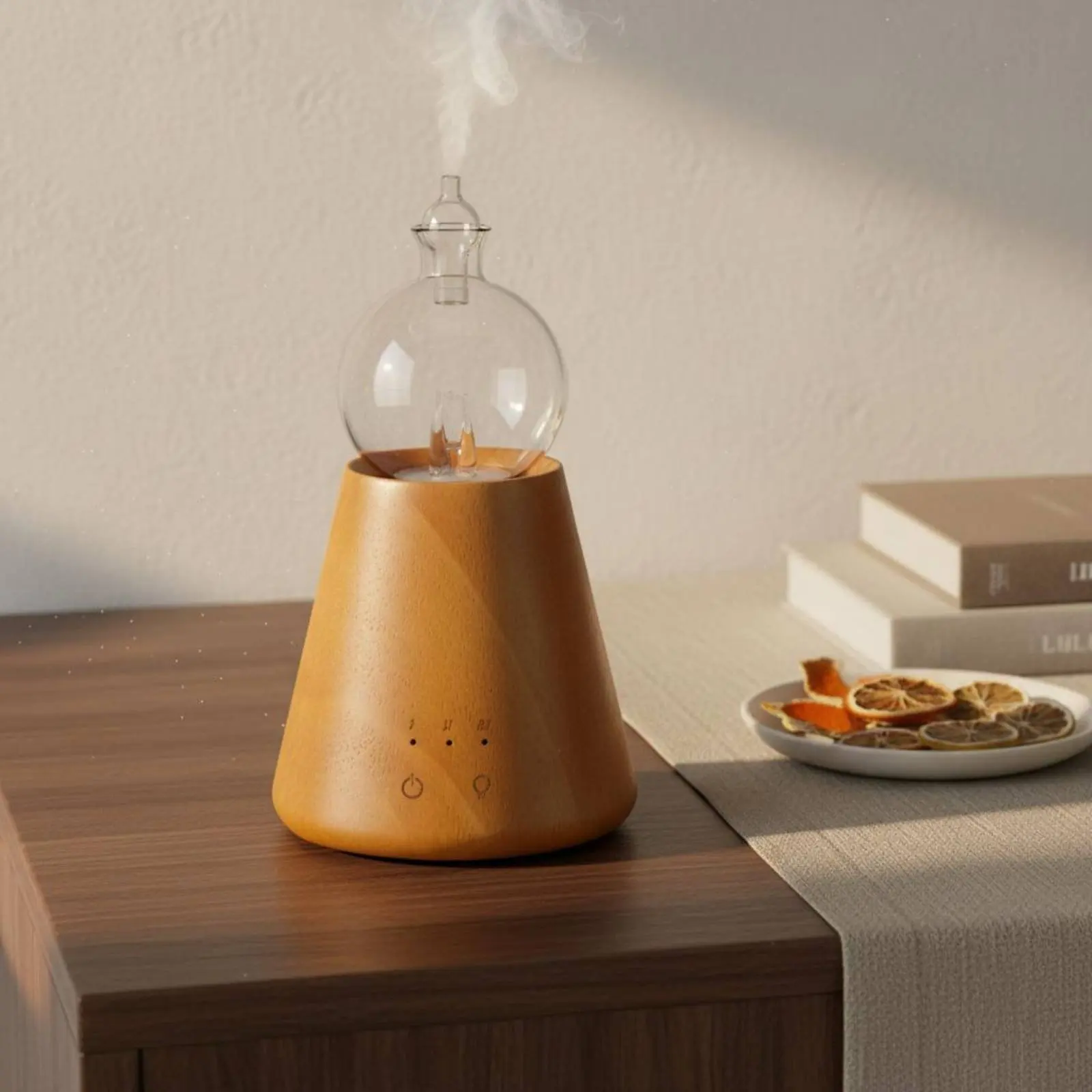 Waterless Essential Oil Dispenser Quiet Function Nebulizing Dispenser Wood and Glass Scent Fragrance Disperser Ambient Night