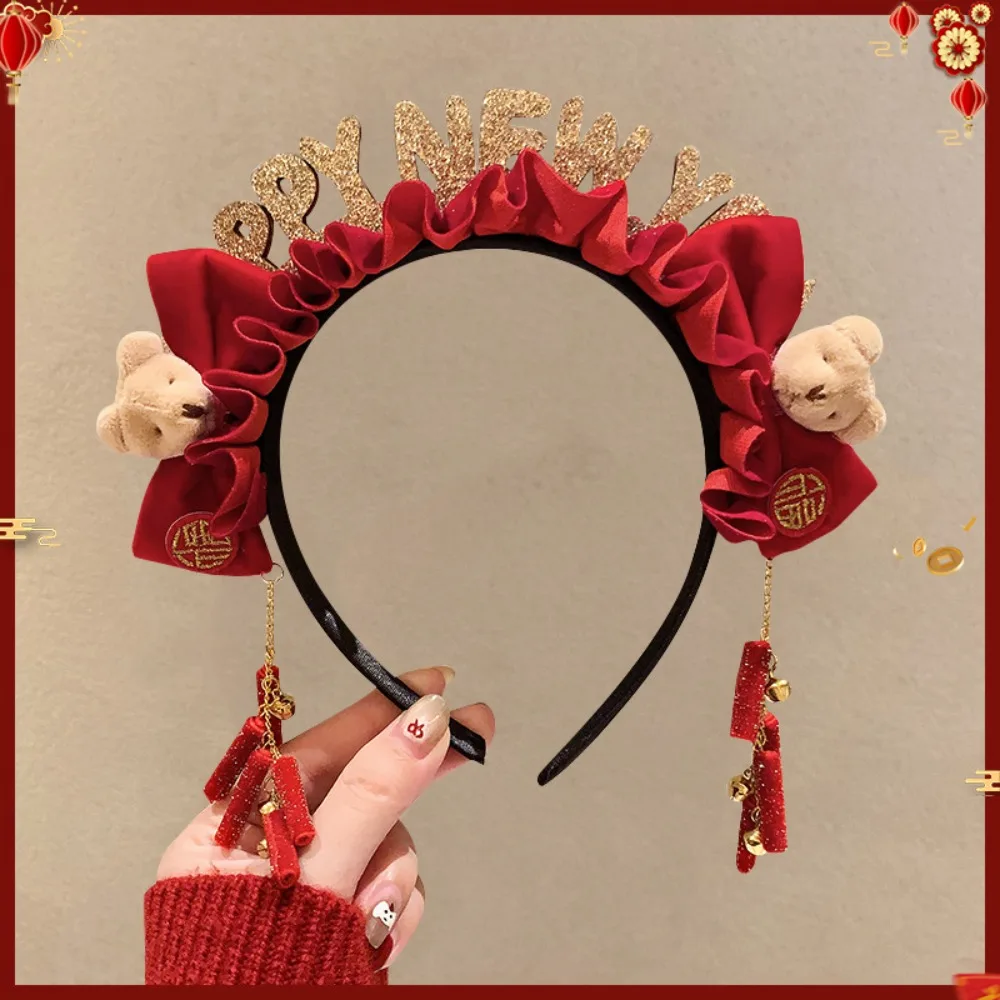 

Sweet Cartoon New Year Headband Red Little Bear Red Velvet Bow Hairband Good Luck Headwear Hair Hoop New Year Headpiece