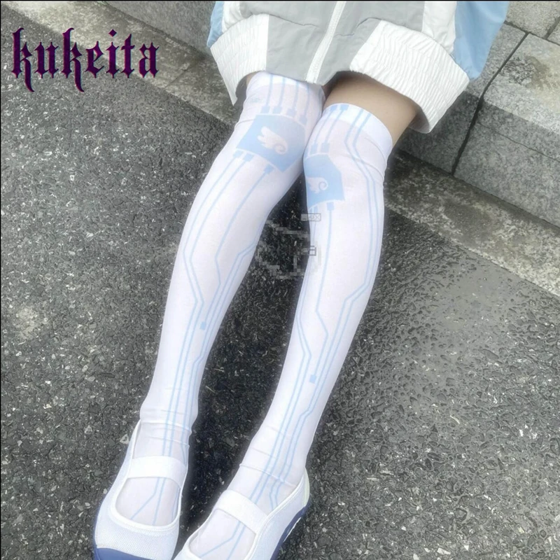 

Y2k Japanese Kawaii Angel Wings Circuit Print Knee High Long Socks Lolita Cosplay Jk Socks