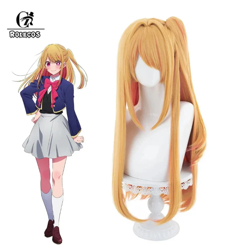 

ROLECOS Синтетические волосы Oshi no Ko Ruby Hoshino Косплей Парики Ruby Hoshino 70 см Длинные блондинки Смешанный красный хвостик Парик Синтетические волосы