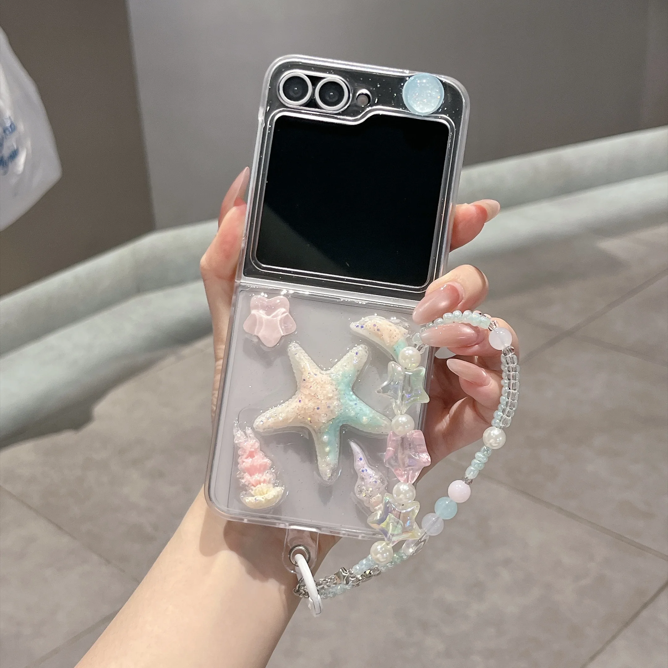 Kawaii Ocean Style 3D Shell Starfish Clear Glitter Phone Case With Pearl Bead Strap For Samsung Z Flip8 7 6 5 4 Foldable Shell