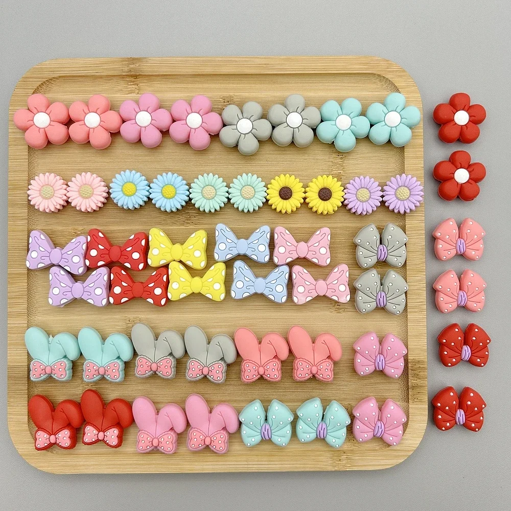 10PC/lot Mixed Bow Flower Silicone Beads Baby DIY Pacifier Chain Necklace Ballpoint Pen Accessories BPA Free Kawaii Toys Gifts