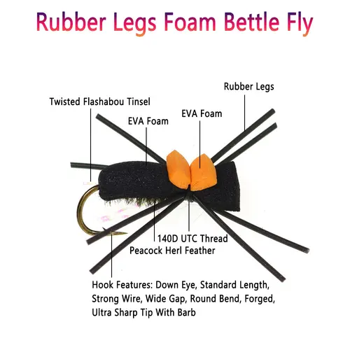 Imagen 2 del producto Bimoo 8 piezas # 10 patas de goma espuma escarabajo mosca Artificial patrón terrestre mosca seca flotante para trucha lubina Bluegill Señuelos de pesca