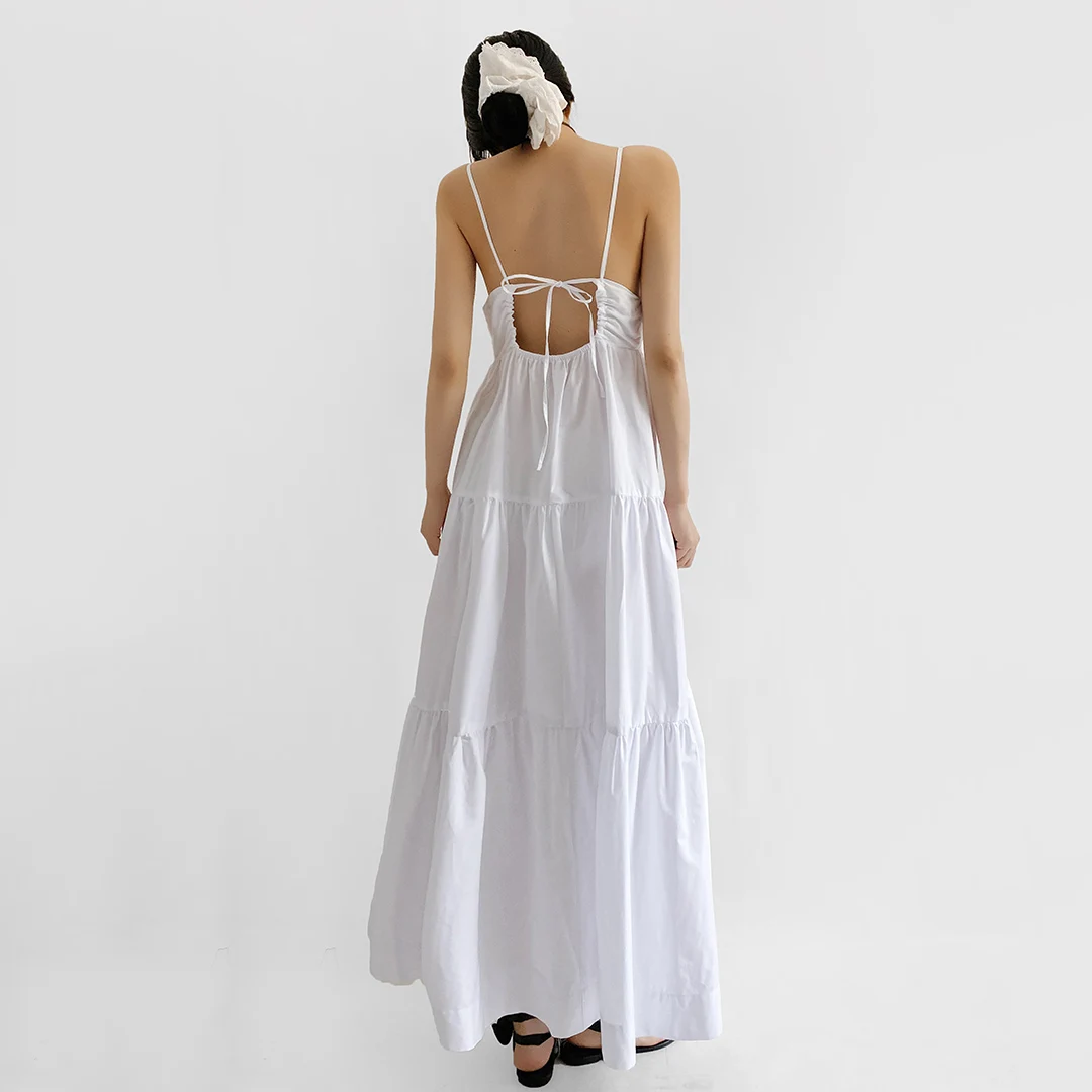 Vestido maxi feminino de algodão em camadas – alças cruzadas nas costas saia em camadas vestido de praia branco de verão