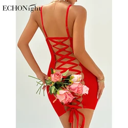 Echonight Sexy Cutout Tie Backless Dress Sheer Lace Erotic See Through Lingerie Transparent Porn Night Dress Lace Up Babydoll