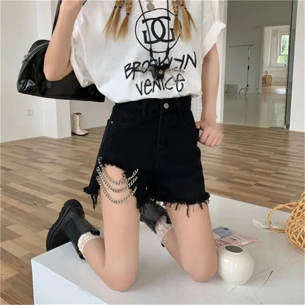 

Summer Harajuku Chain Tassel Denim Shorts Fashion High Waist Hollow Out Shorts Women Jeans Casual A-Line Pants Sexy Streetwear