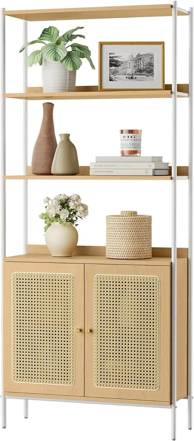 6-Tier Bookcase,Bookshelf with Rattan-Like Doors, Storage Shelf, Metal Frame, Adjustable Shelf, for Living Room, Study, Oak