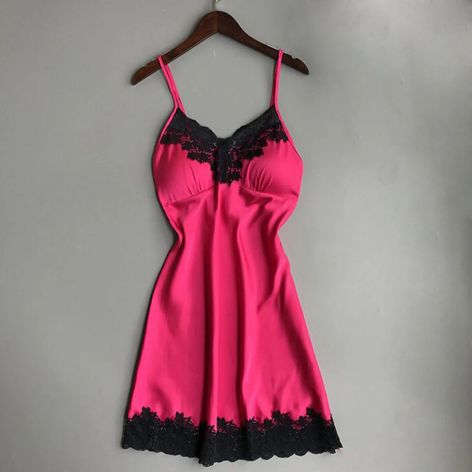 Women's Sexy Lingerie Summer Silk Nightgown Lace Patchwork Strapy Night Dress Spaghetti Strap Chest Pad Sleepwear For Ladies