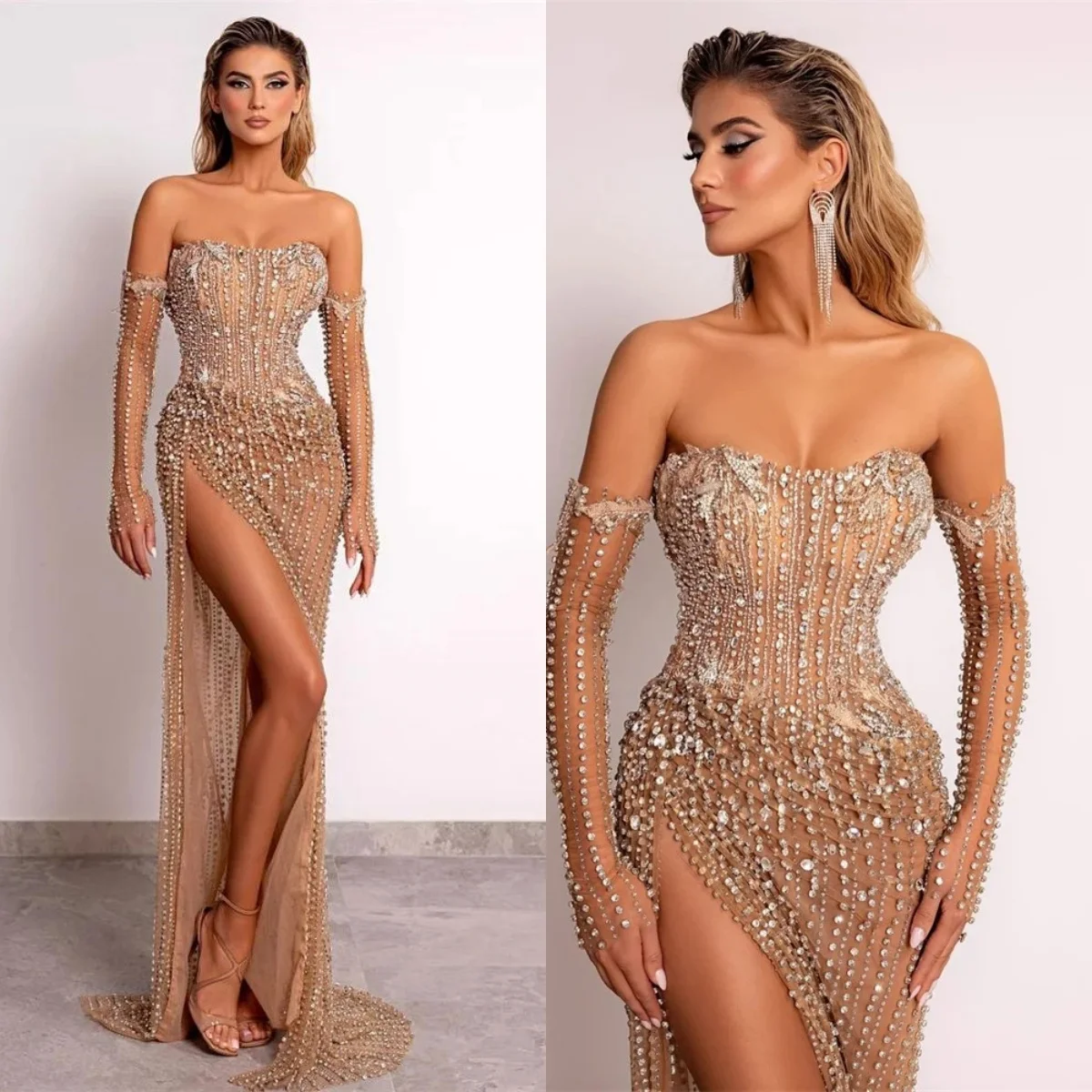 

Illusion Mermaid Evening Dress Strapless Sleeveless Diamond Prom Gowns Exquisite Splits Floor Length Party Dresses Customized
