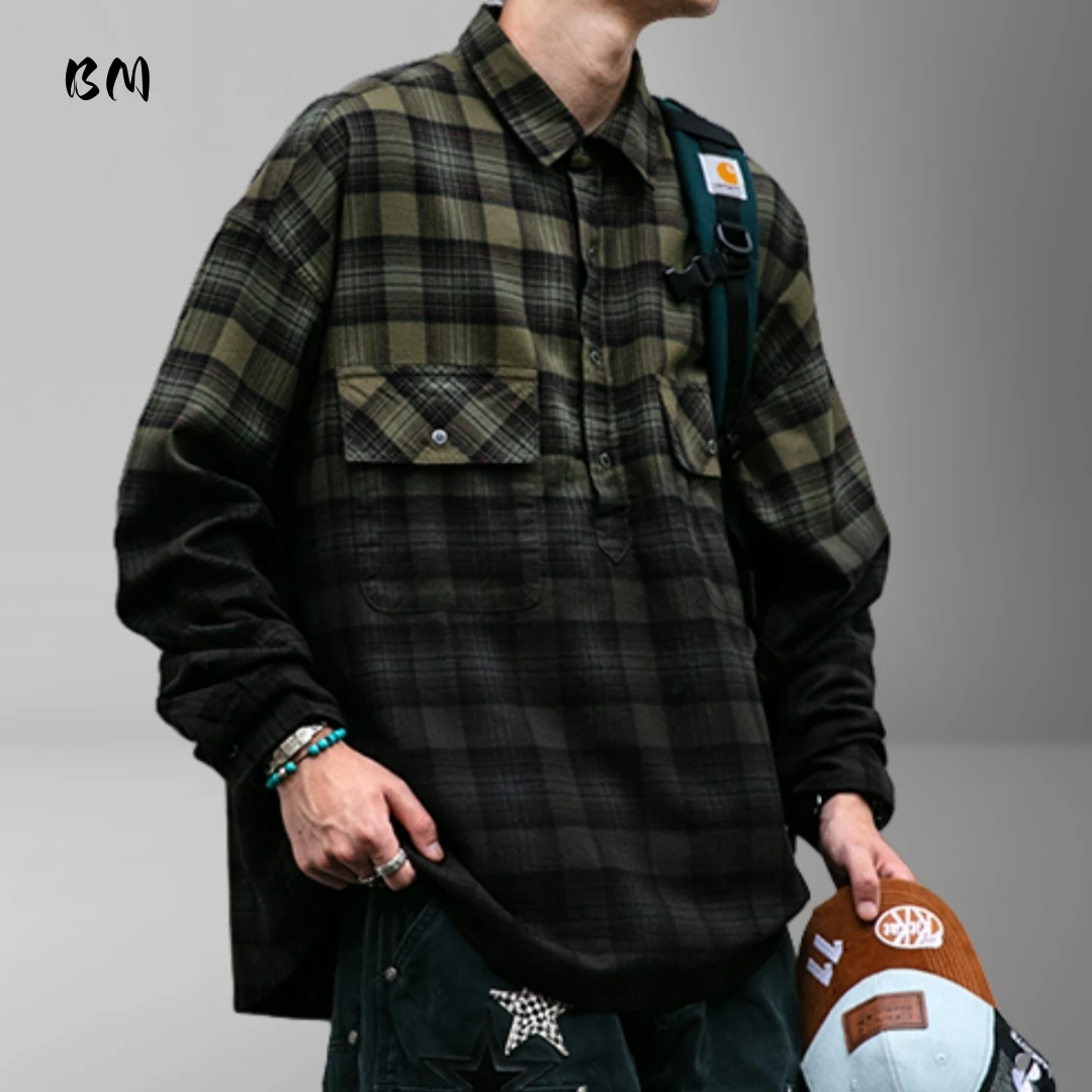 

Mens Korean Style Shirt Pure Cotton Vintage Tie Dye Ombre Plaid Long Sleeve Loose Fit Streetwear Autumn Spring High Quality Tops