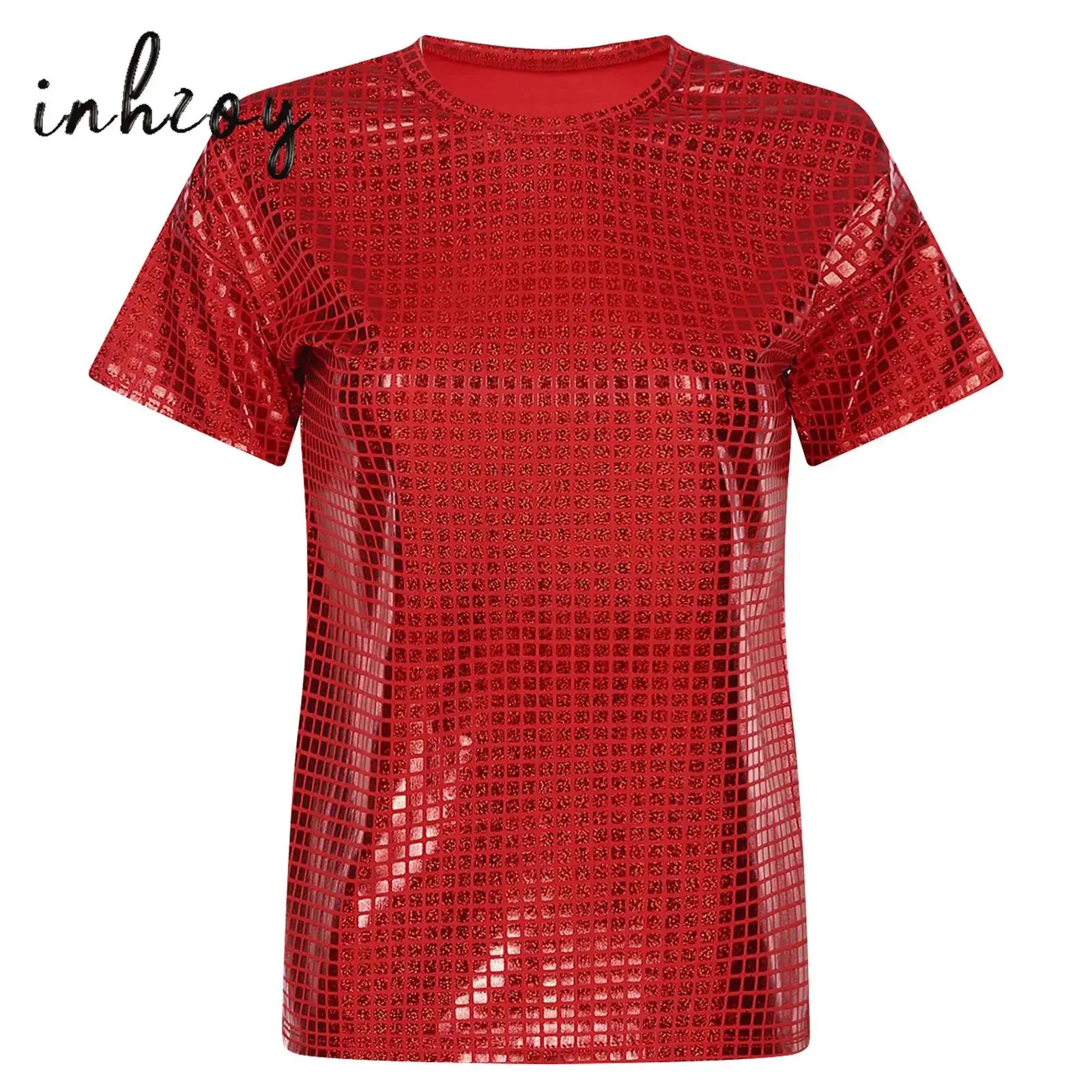 

Mens Womens Jazz Hip-hop Street Dance Costume Sequins Short Sleeve Shirt T-Shirt Tops Metallic Loose Tees Performance Dancewear