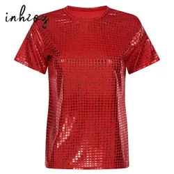 Mens Womens Jazz Hip-hop Street Dance Costume Sequins Short Sleeve Shirt T-Shirt Tops Metallic Loose Tees Performance Dancewear