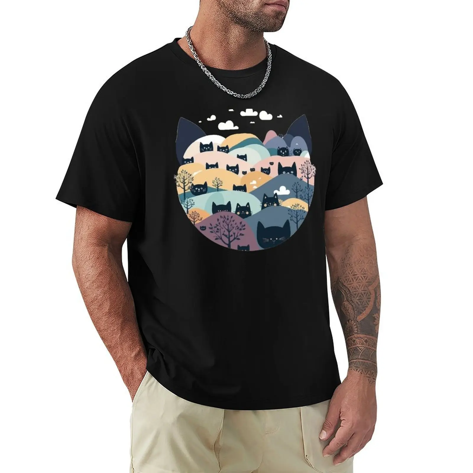 Cat Landscape 4 T-Shirt Work Wear Lightweight Tee