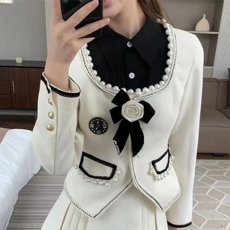 Women's Autumn and Winter Shirt Patchwork Pearl Suit Blazers Pleated Skirt Set Rose Bow  Lace Hem Half  Two-piece 