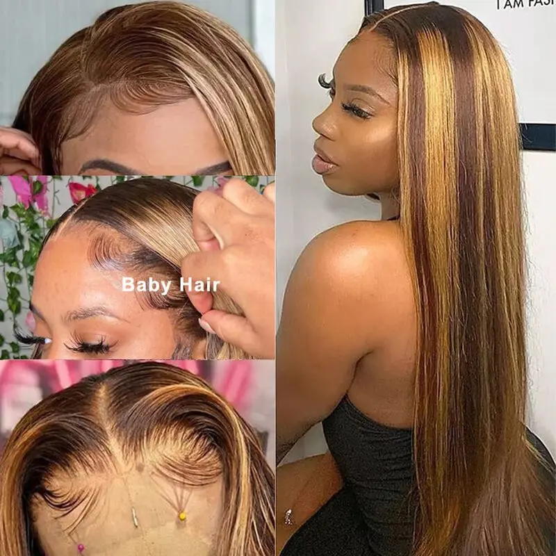 13X4 Highlight Ombre Lace Front Wig 4/27 Honey Blonde Human Hair Bone Straight 13X6 Lace Frontal Wigs For Women 250% Density