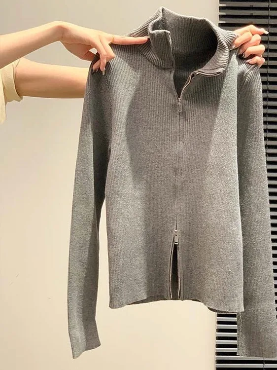 Ele-suéter ajustado de punto para mujer, cárdigan con cremallera y cuello alto, Top de capa Base Faionable para otoño e invierno