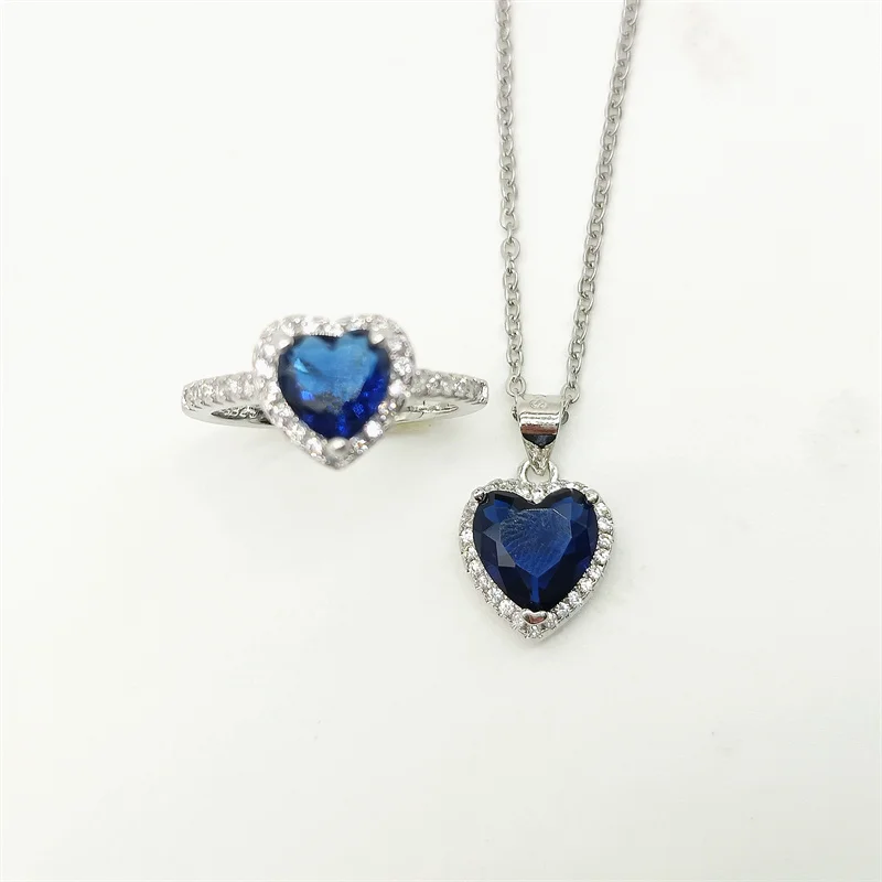 CC Jewelry Set For Women Ring Pendant Necklace 2pcs Blue Heart Cubic Zircon Silver Color Love Party Fashion Accessories