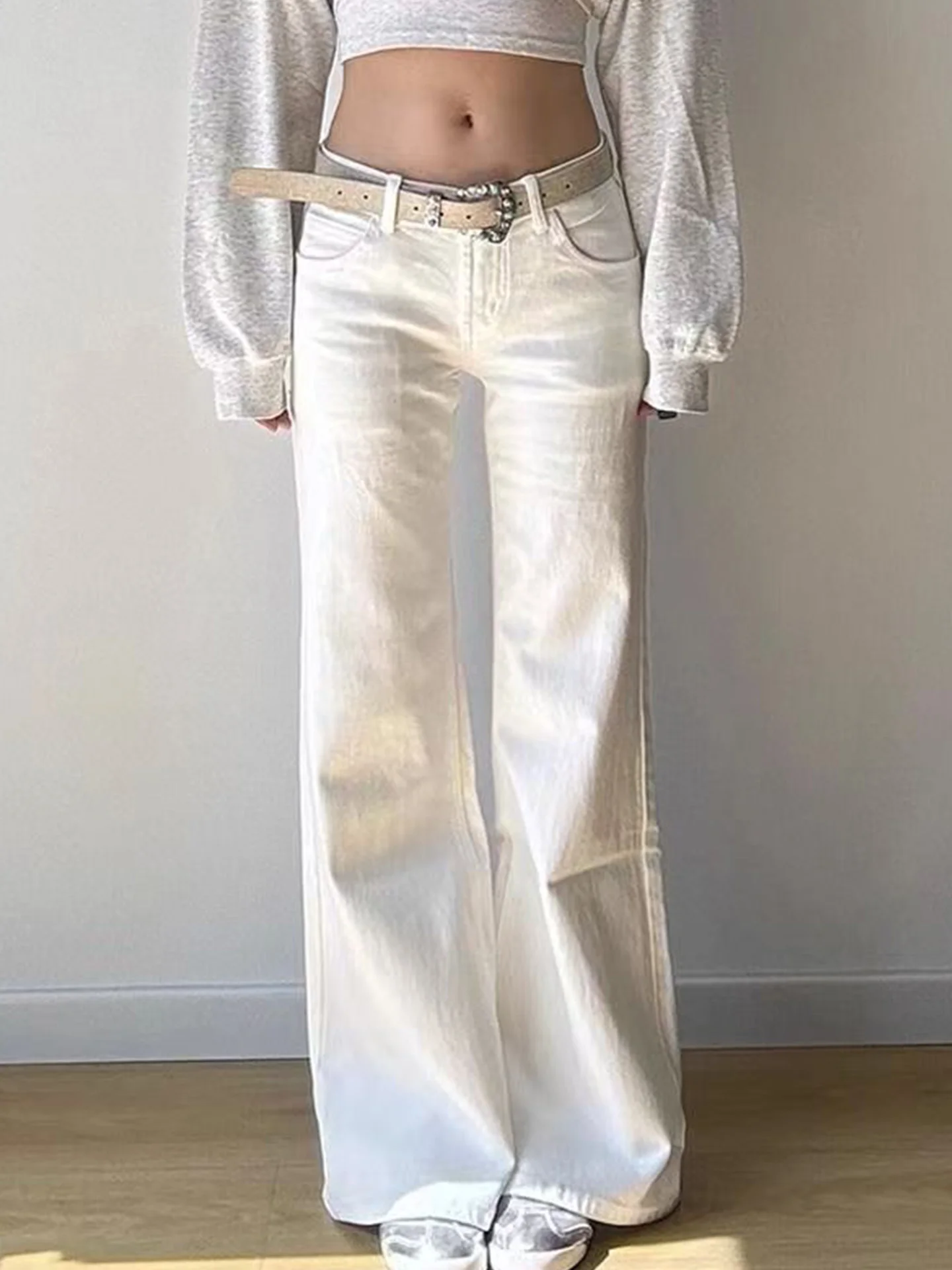 

American Style Hot Girl Wide Leg Denim Jeans Women's Design Sensation Straight Cut Slim Low Waist Versatile Flared Floor-Leng...