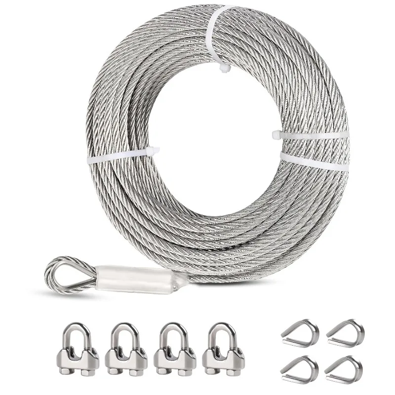 Stainless Steel Cable, Wire Rope with Wire Rope Clamps and Thimble, 6400lbs Breaking Strength, 7X19 Strands