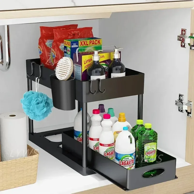 

2 Tier Under Sink Organizer Sliding Cabinet Organizer Storage Rack with Hooks Hanging Cup Bathroom Kitchen Organizer