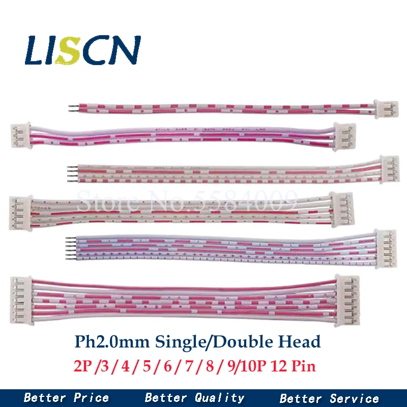 10PCS PH2.0 Female Connector Terminal Cable 10cm 20cm 30cm JST 2.0 Red white Wire 2p 3p 4p 5p 6p 7p 8p Single/Double Head 26AWG