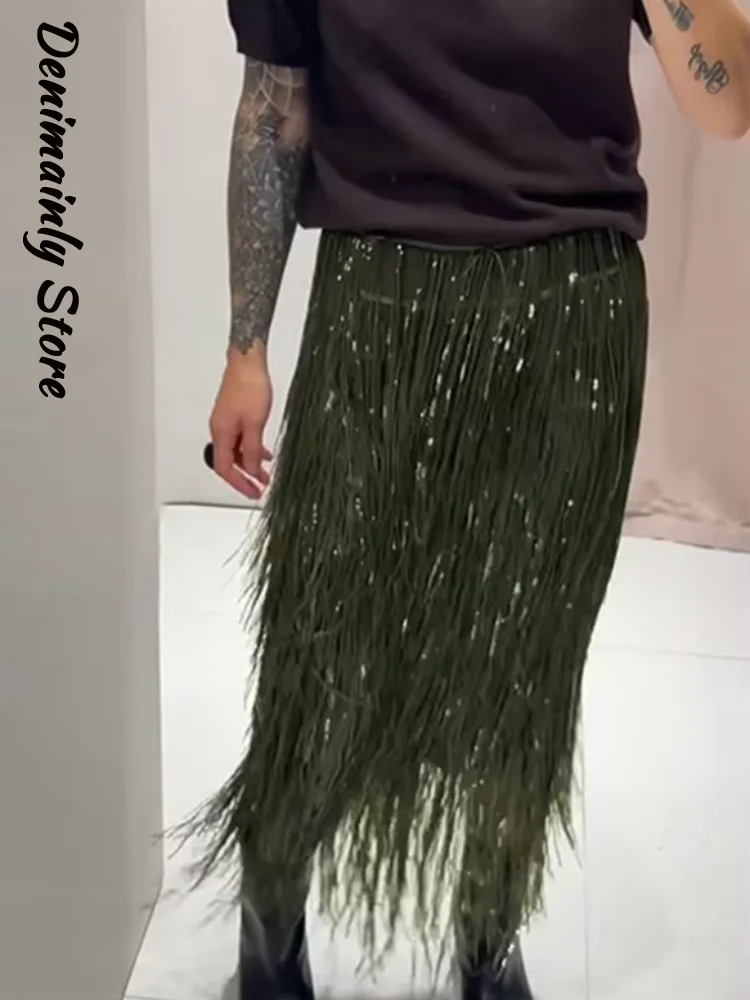 Fashion Tassel Sequin Long Skirt Women Green High Waist A-line Loose Skirts 2026 Autumn Lady Shiny Party Clothes New 2026 Spring