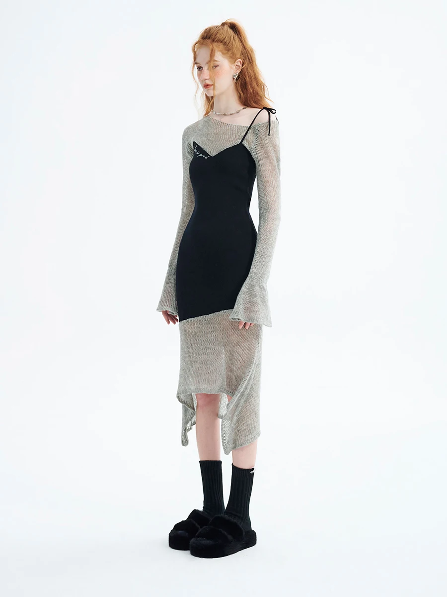 Fashionable Avant-garde Design False Two-piece Patchwork Irregular Fishtail Wool Sling Dress Streetwear Women Clothing Sexy Y2k