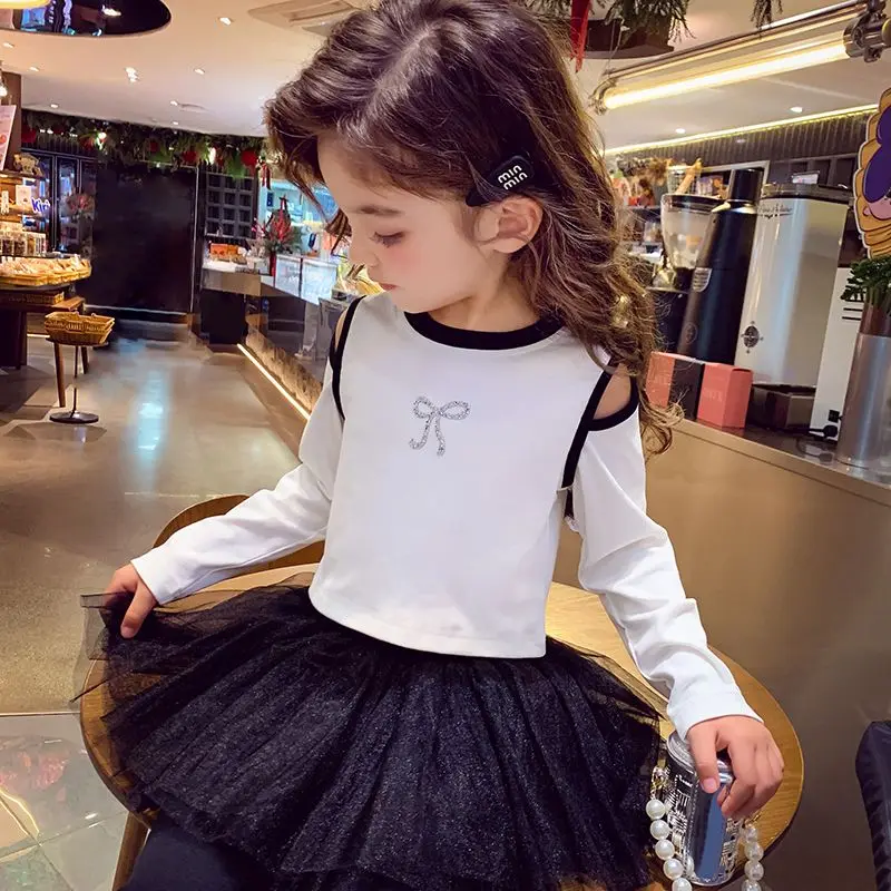 2026 Girls Long Sleeve T Shirt Spring Off Shoulder Top Casual Versatile Kids Base Layer Tee Trendy Children Clothing
