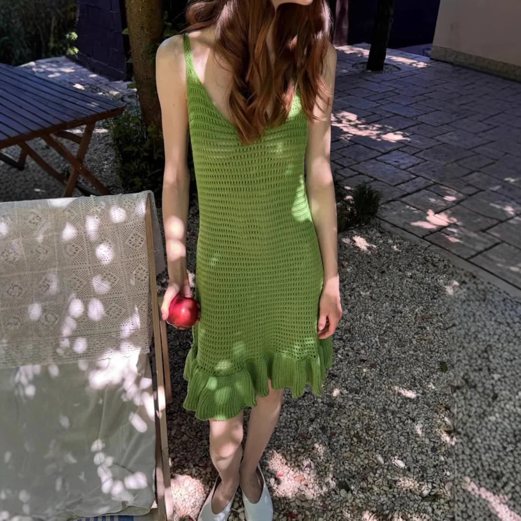DSMTRC Estate delle Donne Sexy Scava Fuori Vacanza Al Mare Senza Maniche Abiti a Canotta Maglia con Volant Mini Abito Solido Sottile Abiti Corti