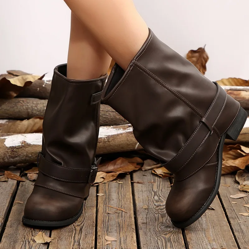 أحذية نسائية من Rui Fei Ti Western Sle بطيات متوسطة الساق، نسخة كورية قابلة للطي، أحذية قابلة للطي للارتداء اليومي