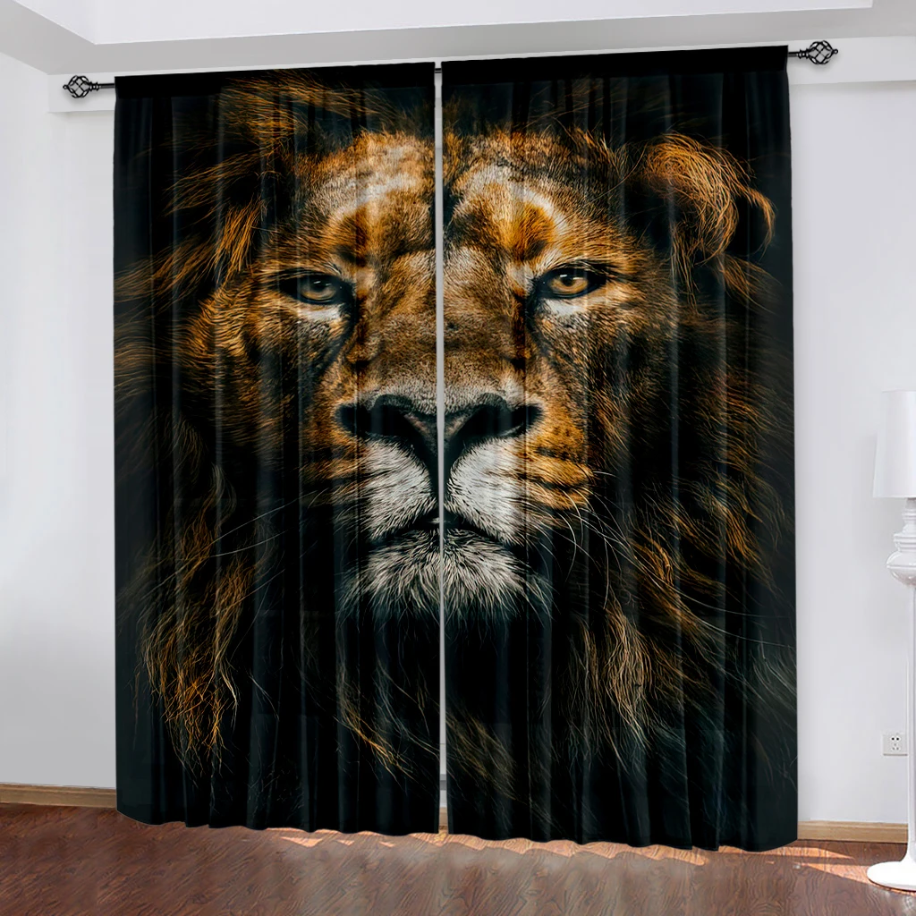 2pcs Lion Curtains African Wildlife Animal Window Drapes Grassland King Of Jungle Tree Window Curtains For Bedroom Living Room O