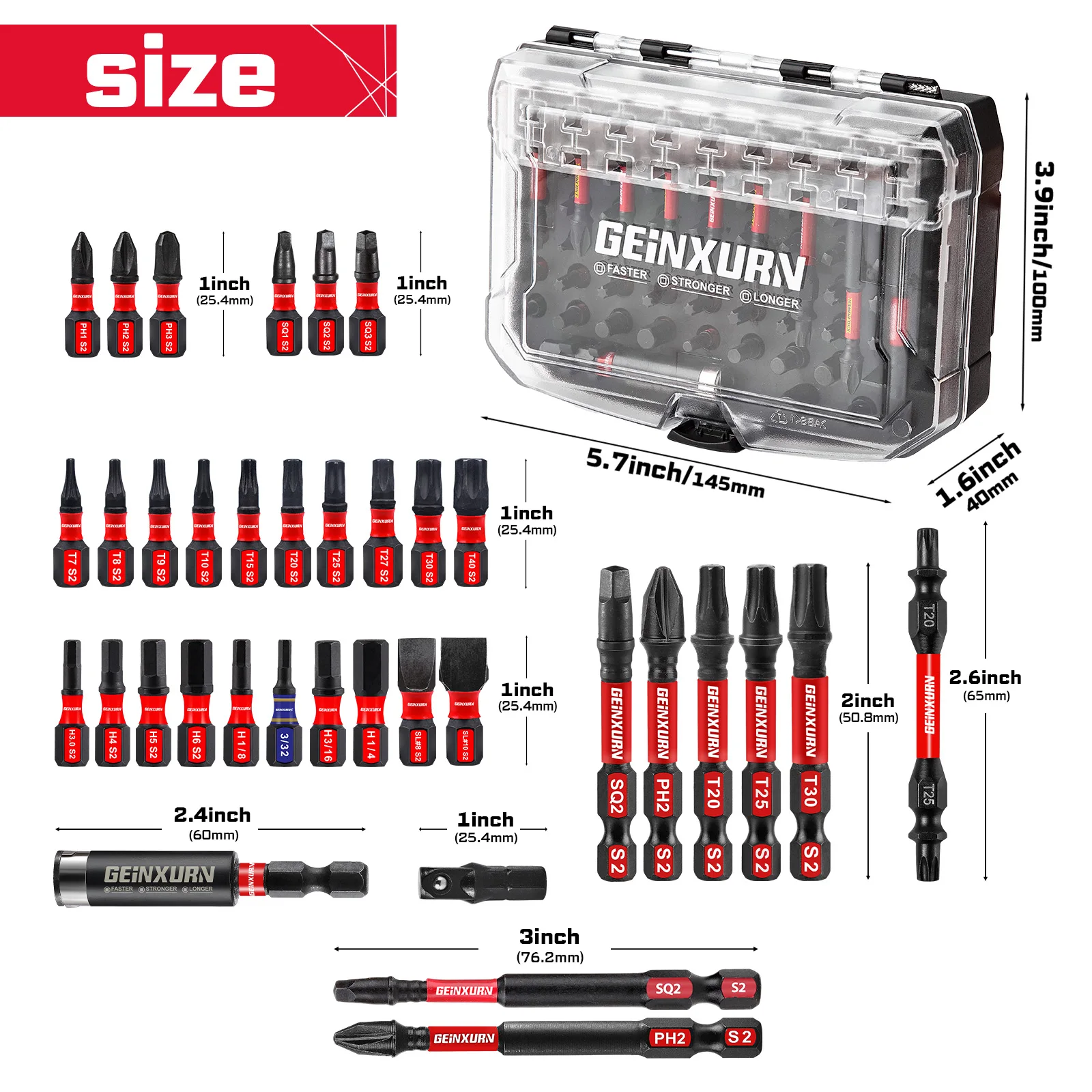 Geinxurn 83 ชิ้น Impact Magnetic Driver ชุด Bit, S2 Steel Bits (PH/Slotted/Torx/Hex/SQ), อะแดปเตอร์ซ็อกเก็ต & Black Storage Case
