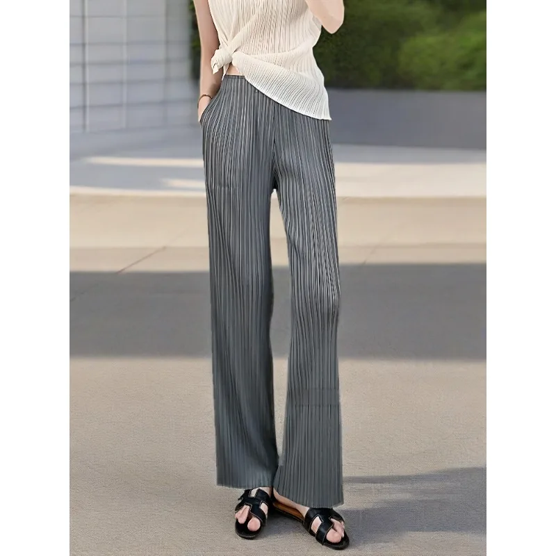 Miyake, pantalones holgados plisados de talla grande para mujer, novedad de verano 2021, pantalones rectos plisados de cintura alta informales de pierna ancha finos de gama alta