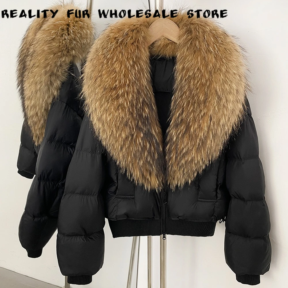 Women's Slim Fit Short Puffer Jacket Zipper Closure Street Style Premium Genuine Fur Coat Winter Outerwear Cold Weather Outfit