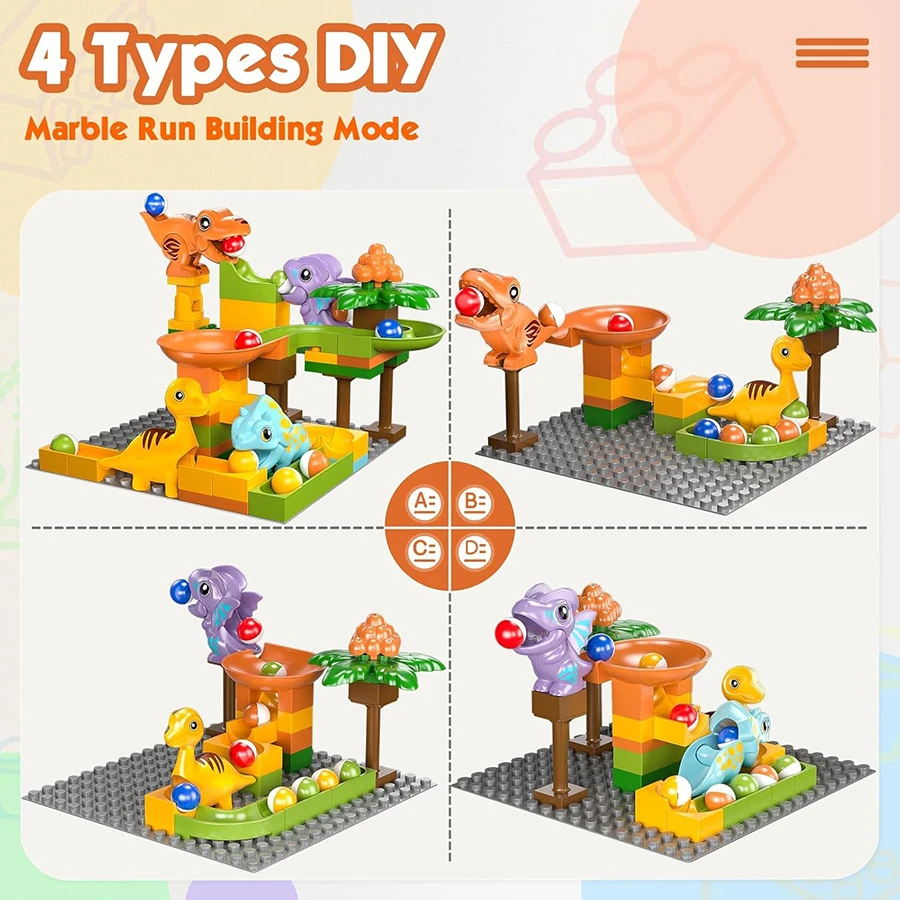 Kids Construction Building Block Toys, Marble Runs Building Block Toys for Kids 4-8, Marble Run with Dinosaur Building Blocks