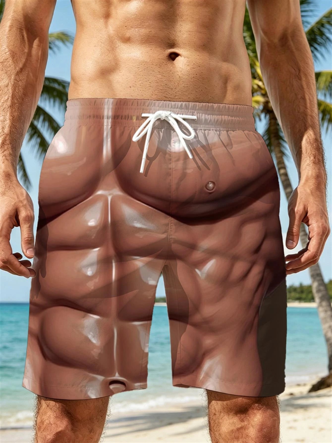 Men's Funny Simulation Abs Printed Beach Shorts Fun Vacation Six Piece Muscle Quick Drying Swim Trunks Summer Vacation Party