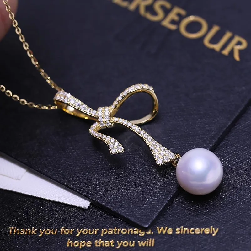 

MeiBaPJ 10mm Natural Nearround Pearl Fashion Bow Pendant Necklace 925 Sterling Silver Fine Wedding Jewelry for Women