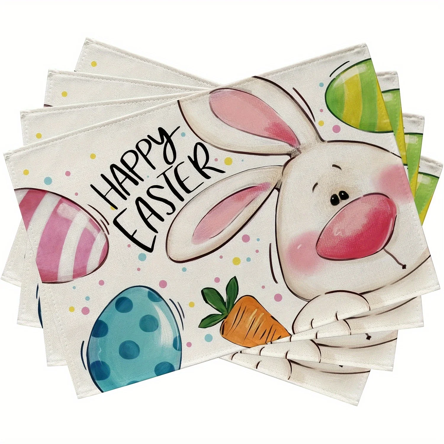 1PC Happy Easter Bunny Placemats, Cute Rabbit Eggs Carrot Polka Dot Stripes Dining Table Place Mats