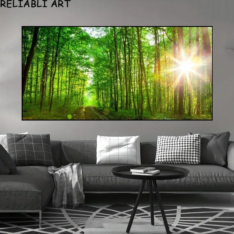 Sunshine Green Forest Tree Landscape Poster and Prints Natural Canvas Painting Wall Art For Living Room Home Decor No Frame